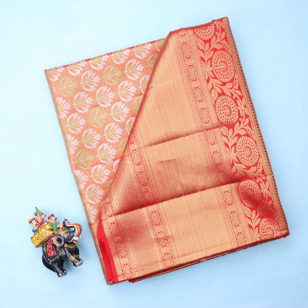 Orange Tissue Kanjivaram Silk Saree With Floral Buttis