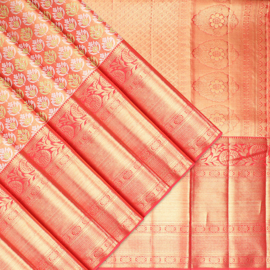 Orange Tissue Kanjivaram Silk Saree With Floral Buttis