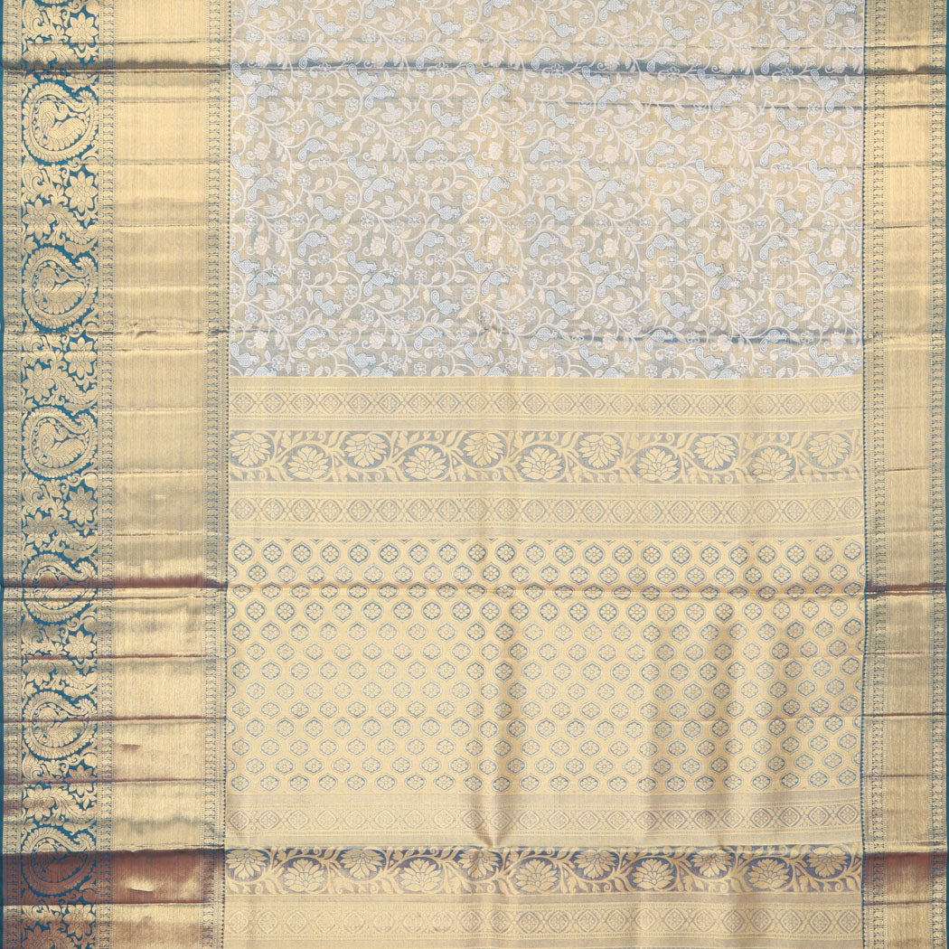 Blue Gold Tissue Kanjivaram Silk Saree With Floral And Bird Jaal Design