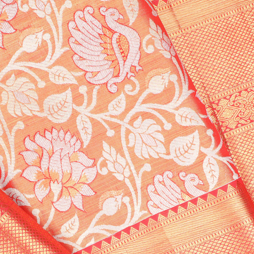 Orange Tissue Kanjivaram Silk Saree With Floral And Mayil Buttas