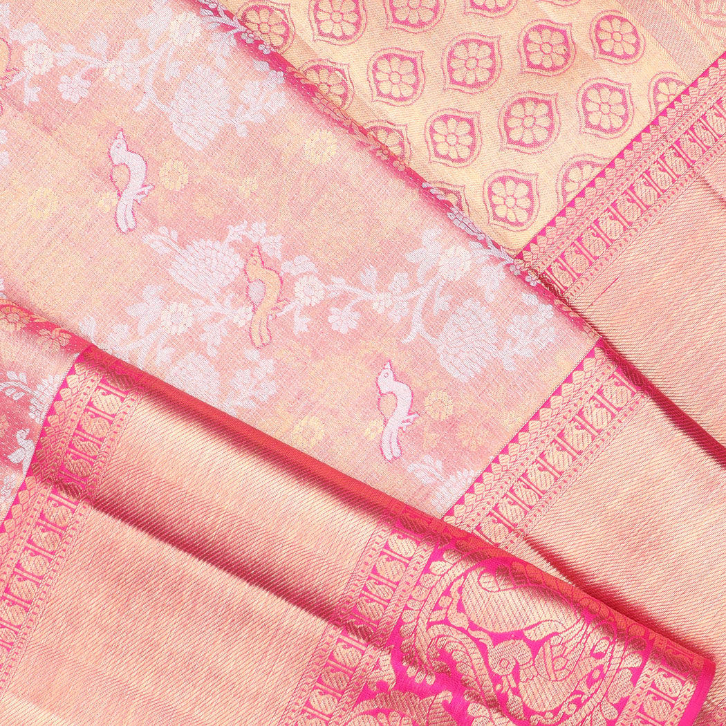 Pink Kanjivaram Silk Saree With Floral And Bird Motif Pattern