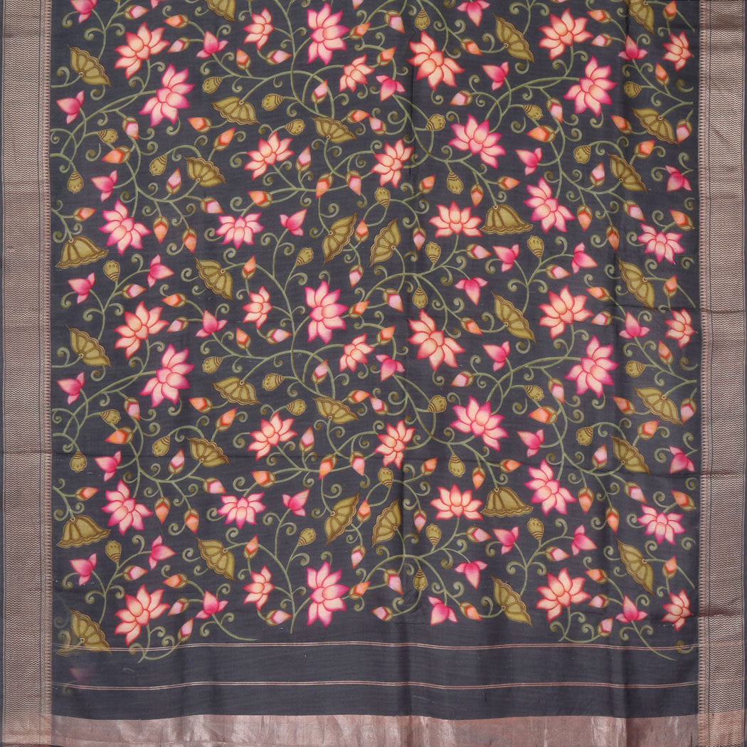 Earthy Grey Silk Saree With Printed Floral Pattern