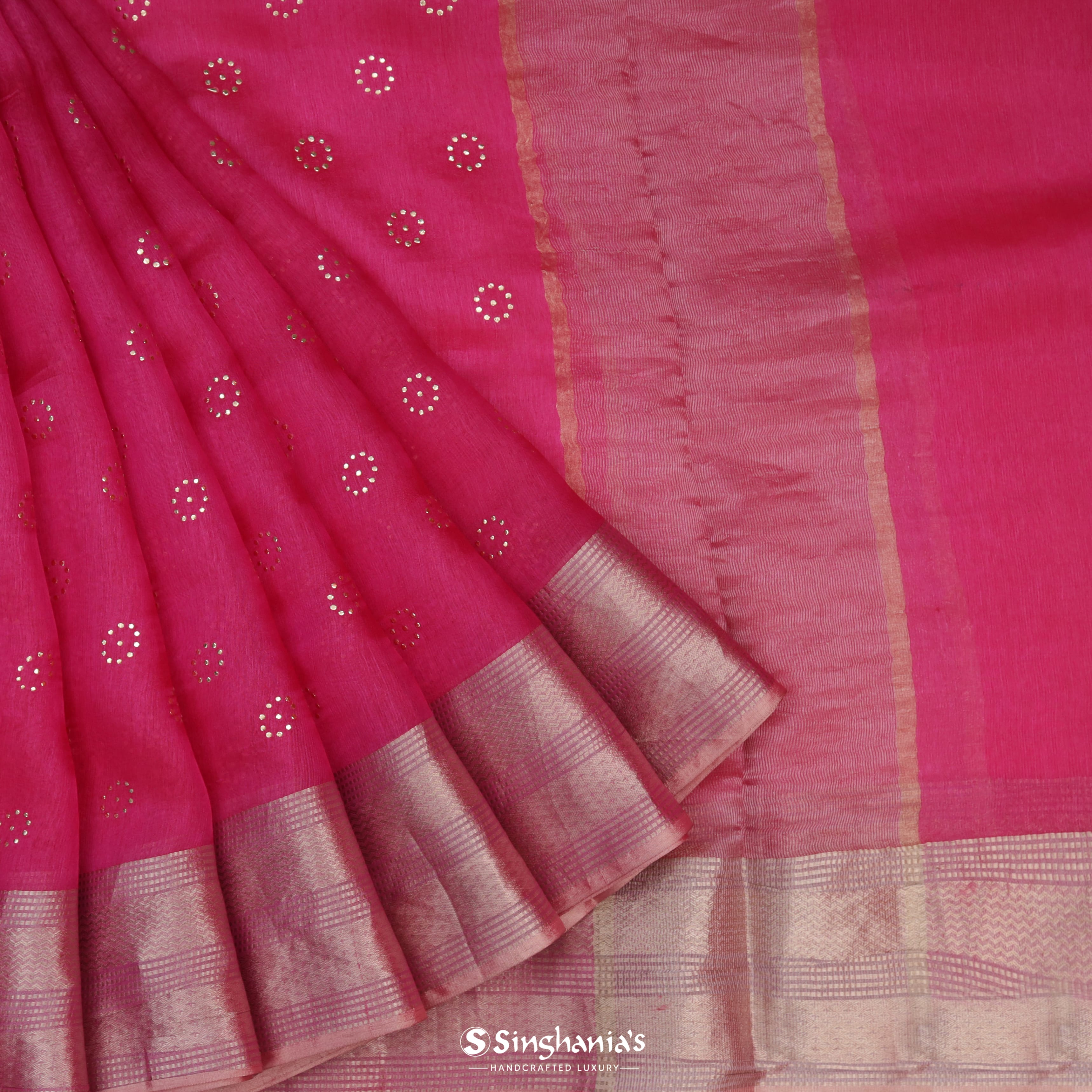 Cherry Red Organza Tussar Embroidery Handloom Silk Saree With Foil Print