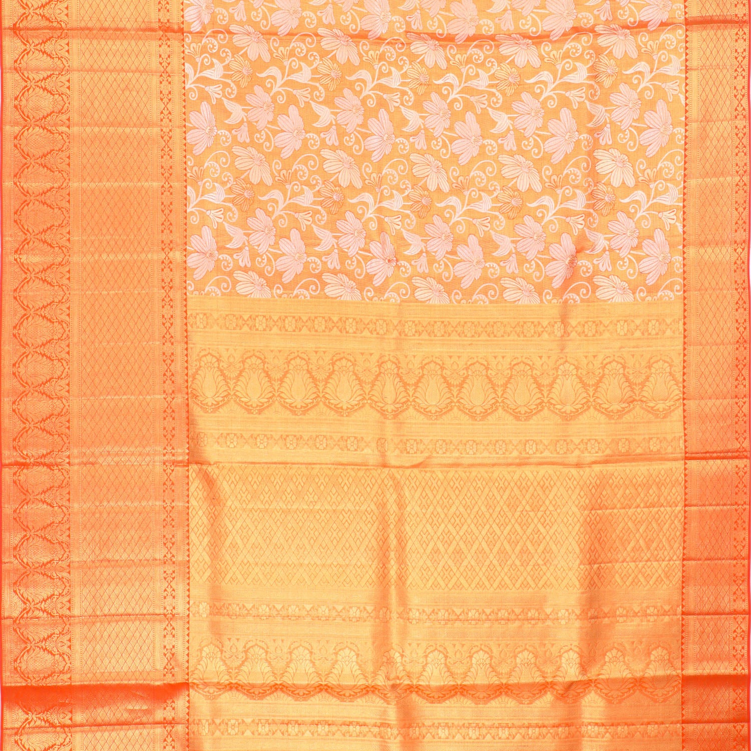 Light Orange Tissue Kanjivaram Silk Saree With Floral Pattern