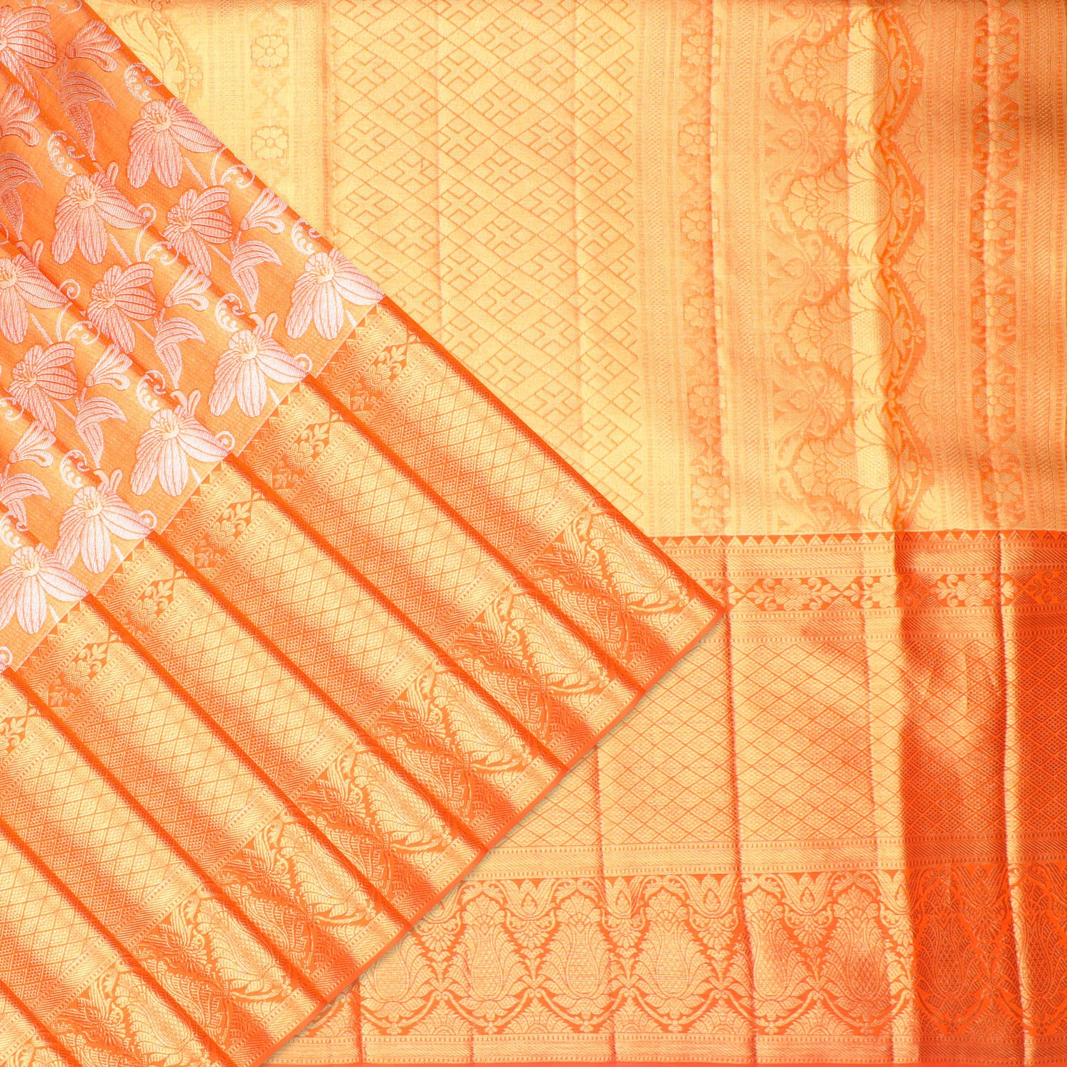 Light Orange Tissue Kanjivaram Silk Saree With Floral Pattern