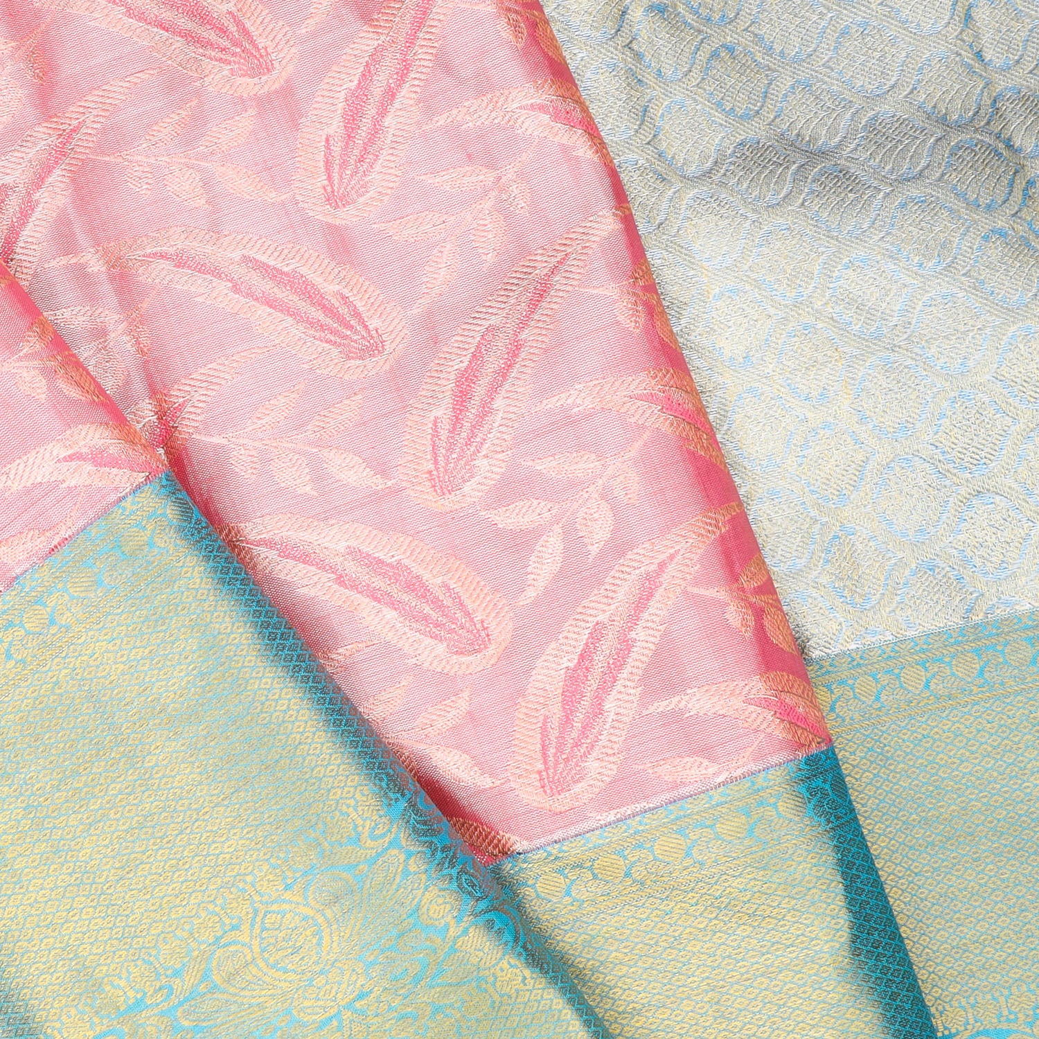 Blush Pink Tissue Kanjivaram Silk Saree With Leaf Pattern