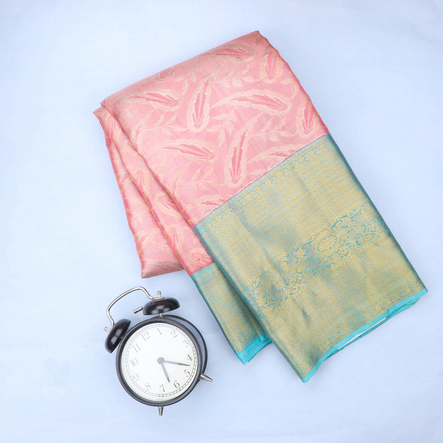 Blush Pink Tissue Kanjivaram Silk Saree With Leaf Pattern
