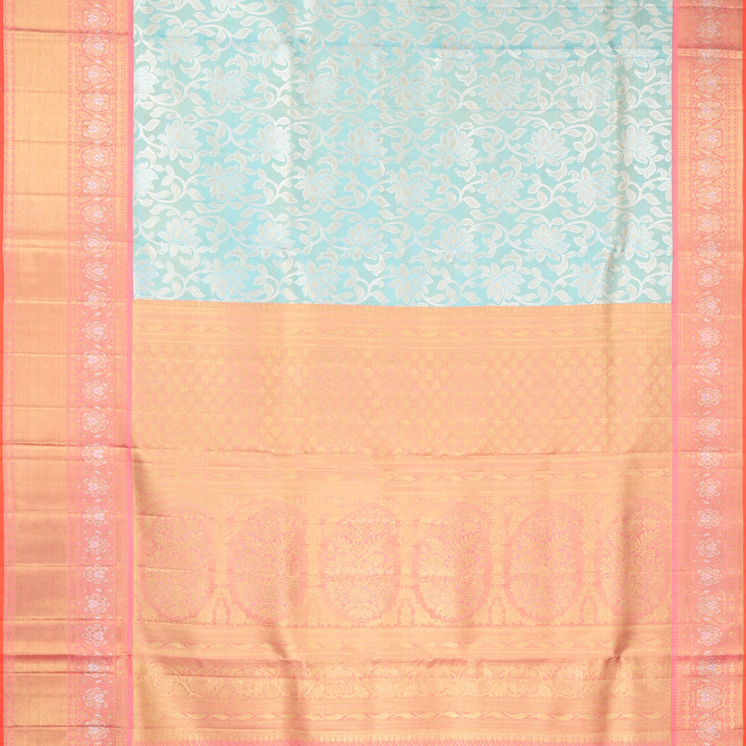 Light Blue Kanjivaram Silk Saree With Floral Motif Pattern