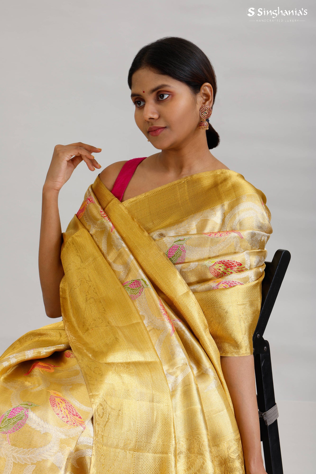 Gold Tissue Kanjivaram Silk Saree With Floral And Bird Motif Pattern