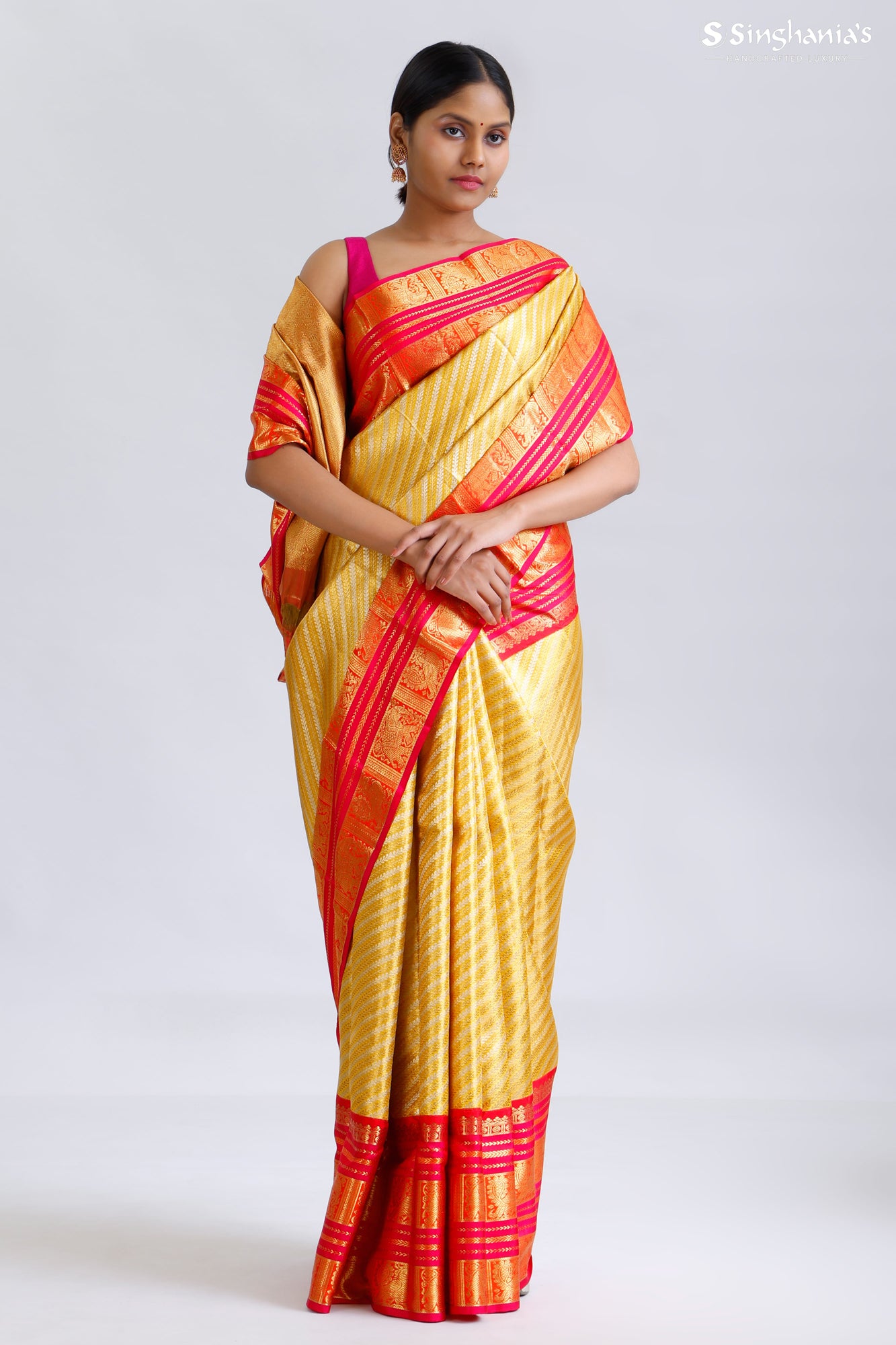 Gold Tissue Kanjivaram Silk Saree With Stripes Pattern