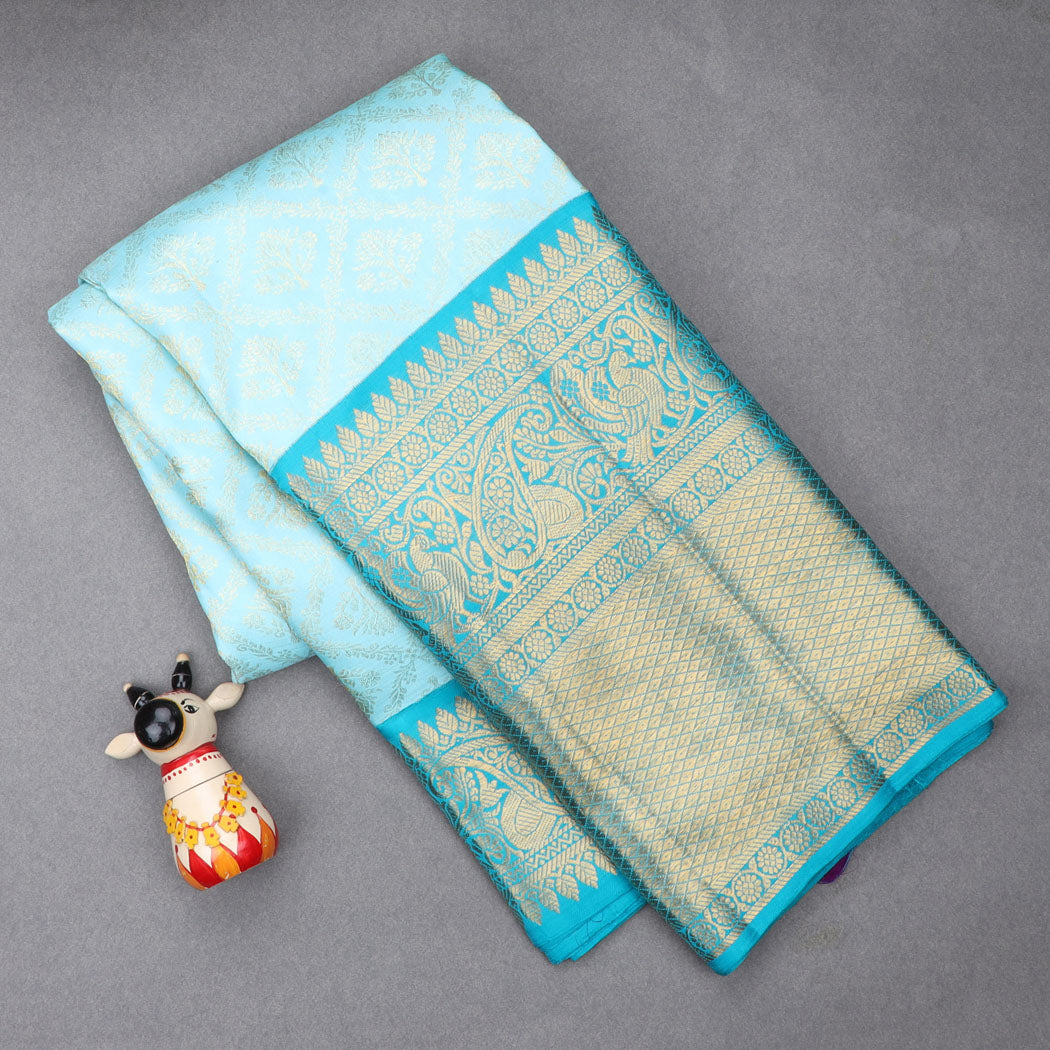 Pastel Blue Kanjivaram Silk Saree With Floral Motif Pattern