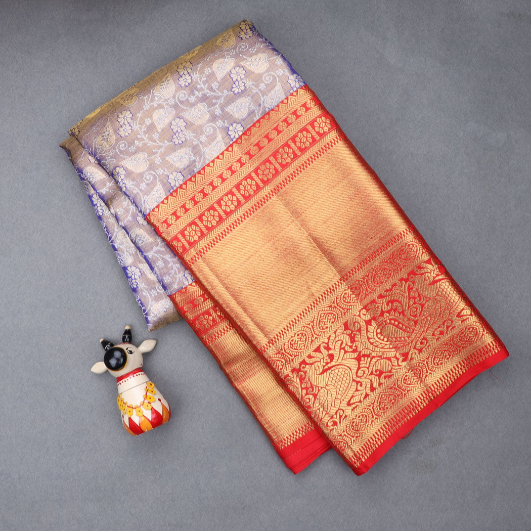 Violet Tissue Kanjivaram Silk Saree With Floral Motif Pattern