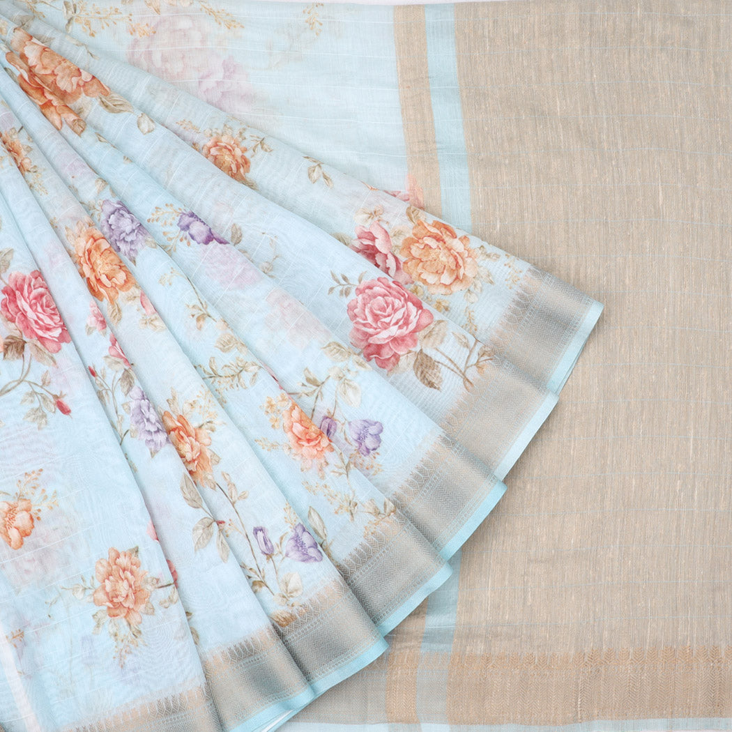 Light Blue Chanderi Silk Saree With Printed Floral Pattern