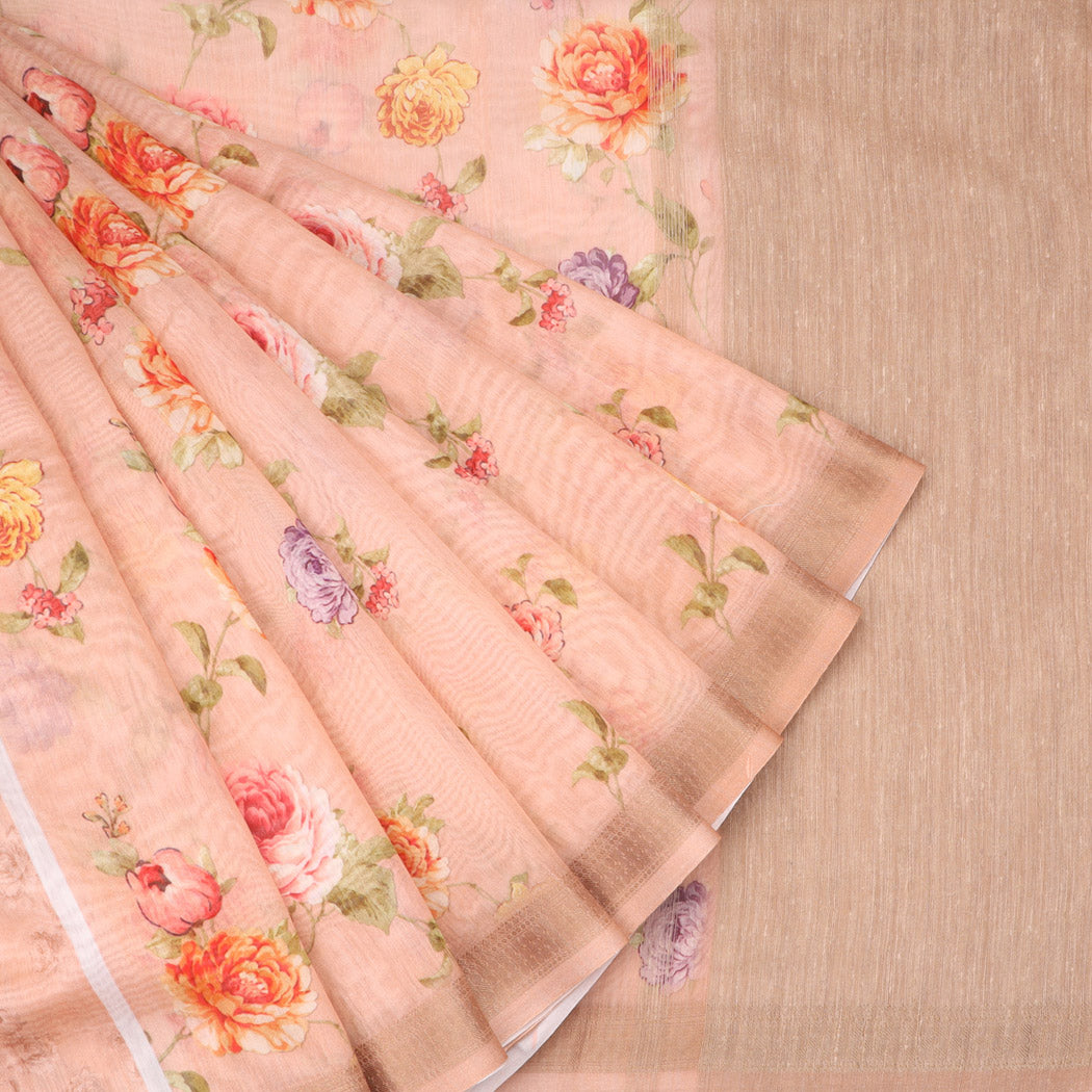 Light Peach Chanderi Saree With Printed Floral Motifs