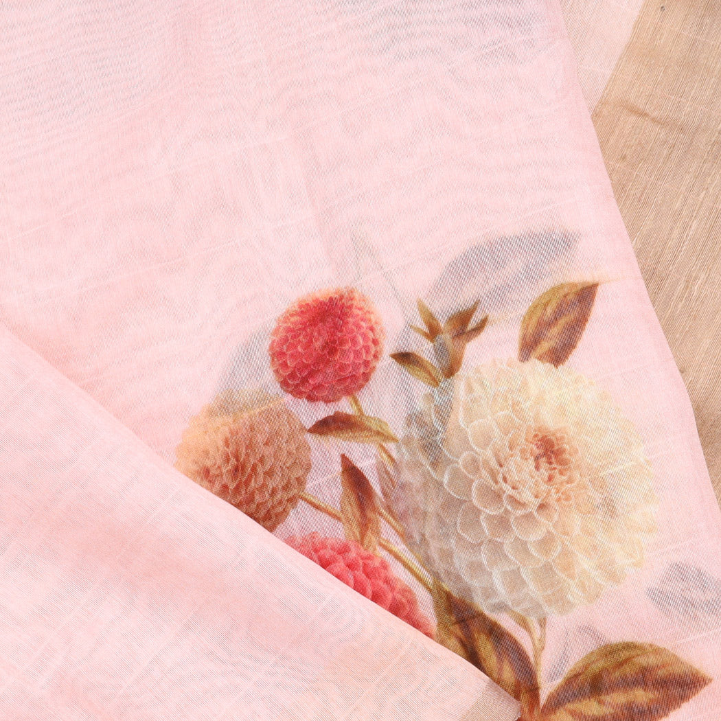 Pastel Pink Chanderi Silk Saree With Printed Floral Pattern