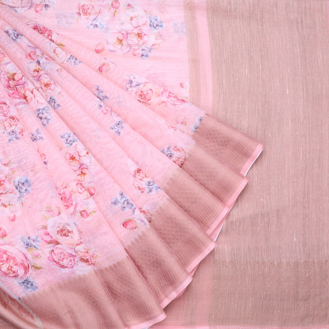 Light Pink Chanderi Silk Saree With Printed Floral Pattern