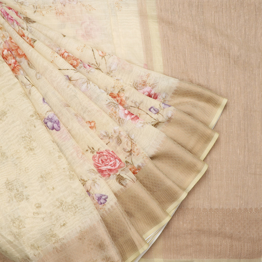 Beige Chanderi Silk Saree With Printed Floral Pattern