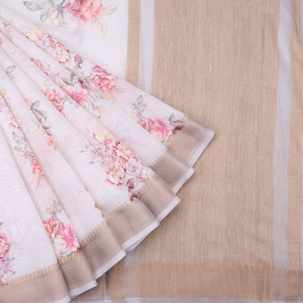 Cloud White Chanderi Silk Saree With Floral Printed Motifs