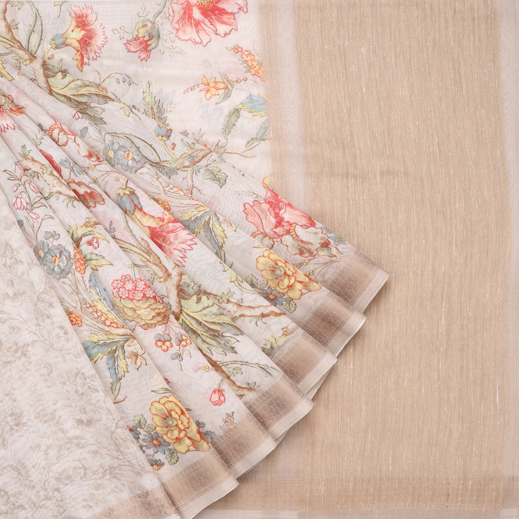 Off-White Chanderi Silk Saree With Floral Printed Motifs