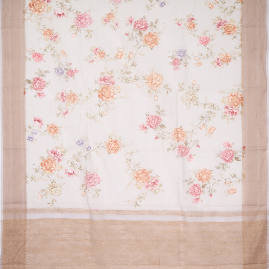 Powder White Chanderi Silk Saree With Printed Floral Pattern