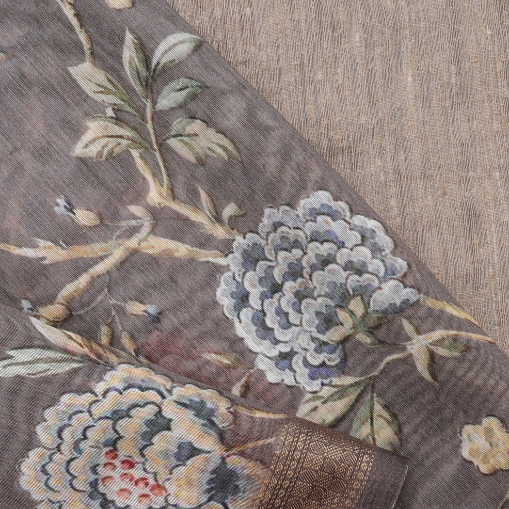 Earthy Grey Chanderi Silk Saree With Floral Printed Motifs