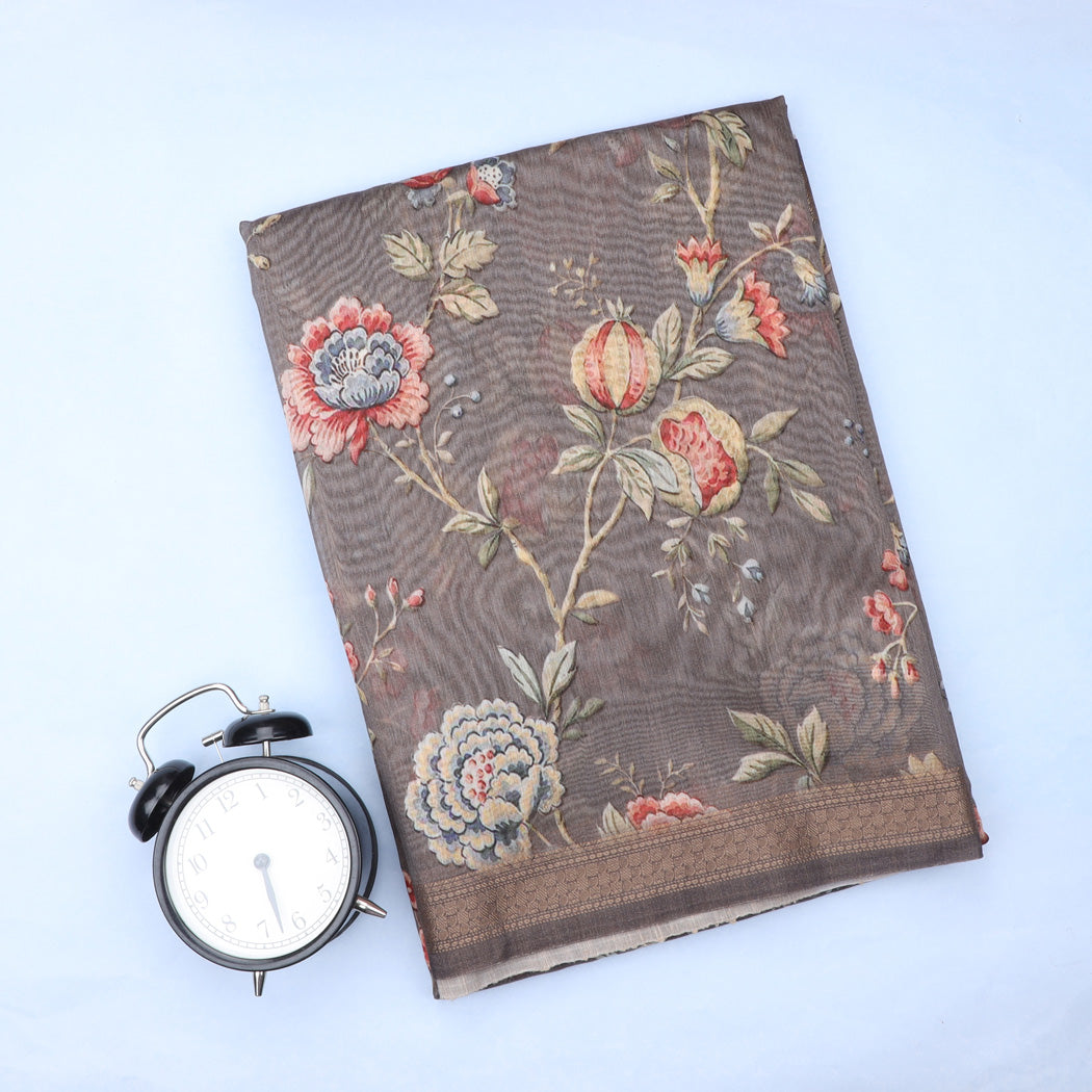Earthy Grey Chanderi Silk Saree With Floral Printed Motifs
