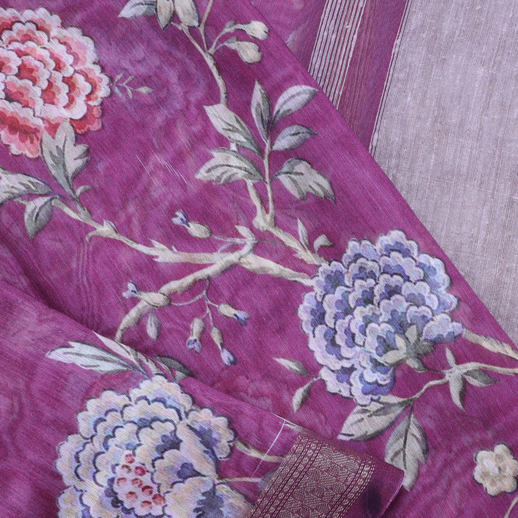 Purple Chanderi Silk Saree With Floral Printed Motifs
