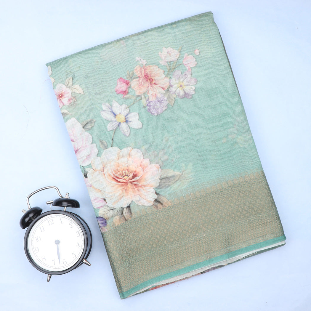 Teal Green Tussar Saree With Floral Printed Motifs