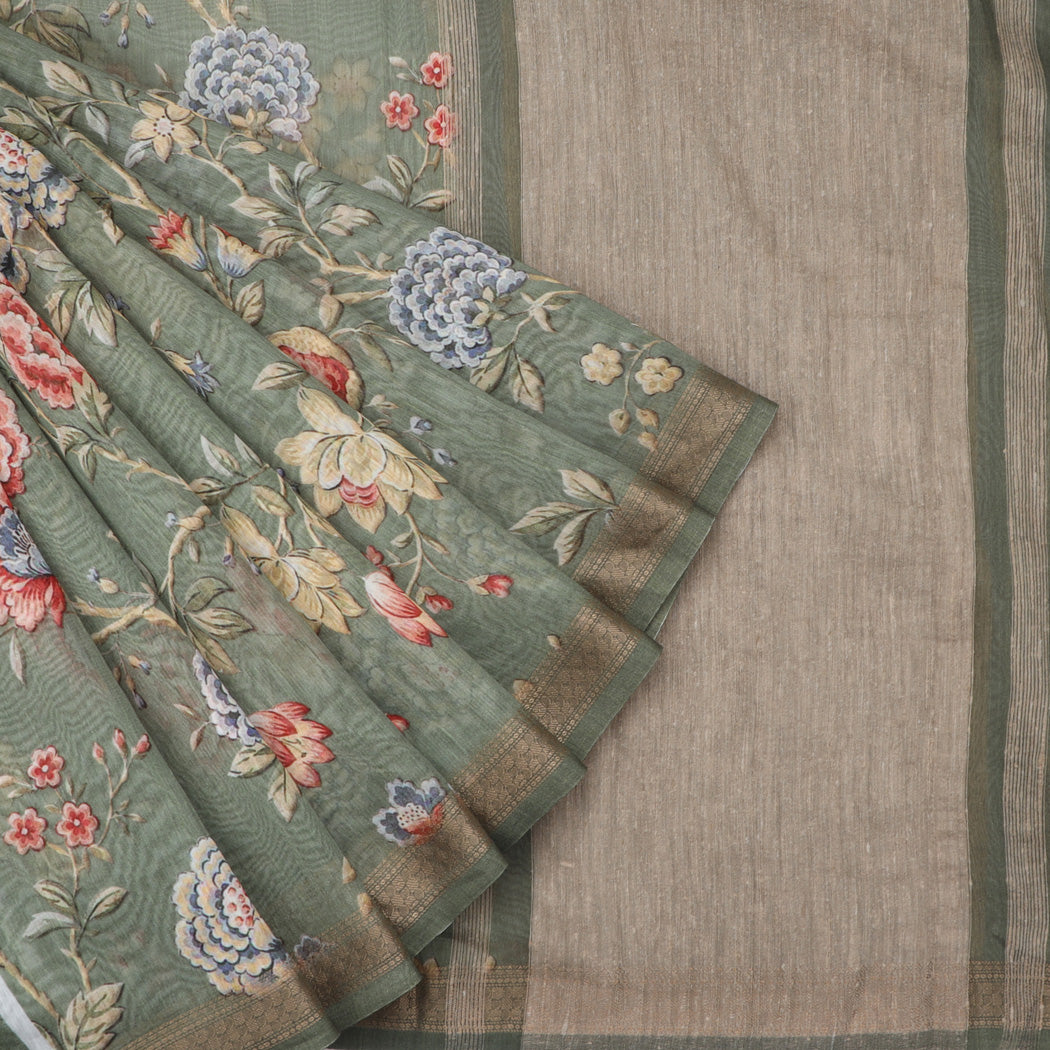 Ammy Green Chanderi Silk Saree With Floral Printed Motifs