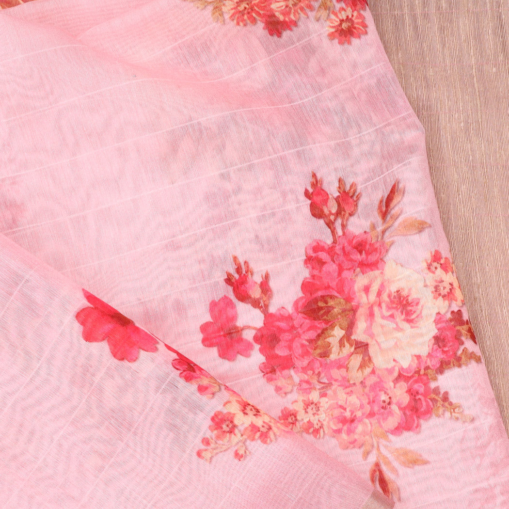 Pastel Pink Chanderi Saree With Printed Floral Motifs