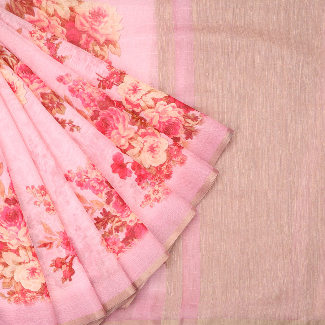 Pastel Pink Chanderi Saree With Printed Floral Motifs