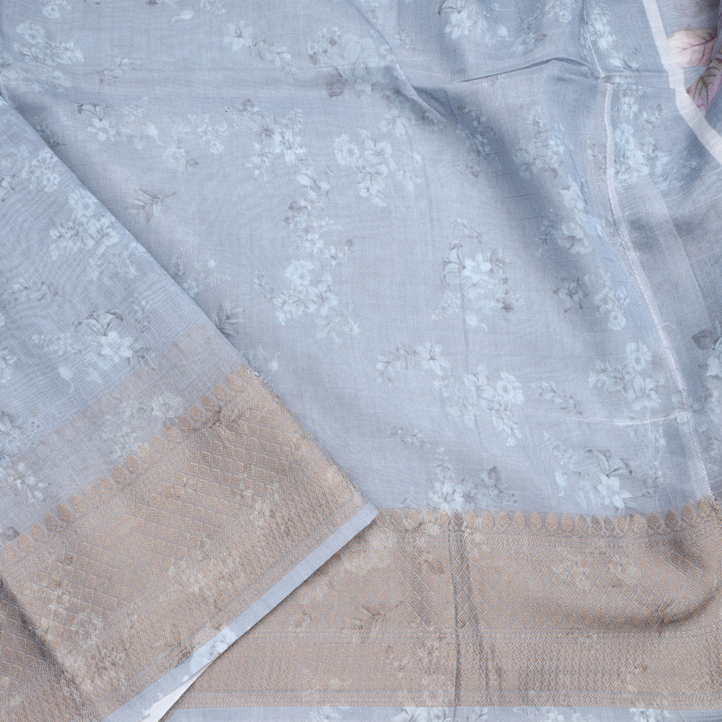 Light Blueish Grey Chanderi Silk Saree With Printed Floral Pattern