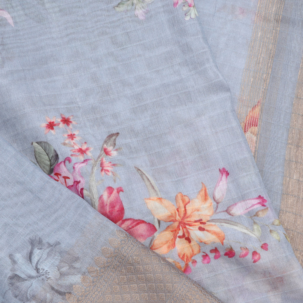 Light Blueish Grey Chanderi Silk Saree With Printed Floral Pattern