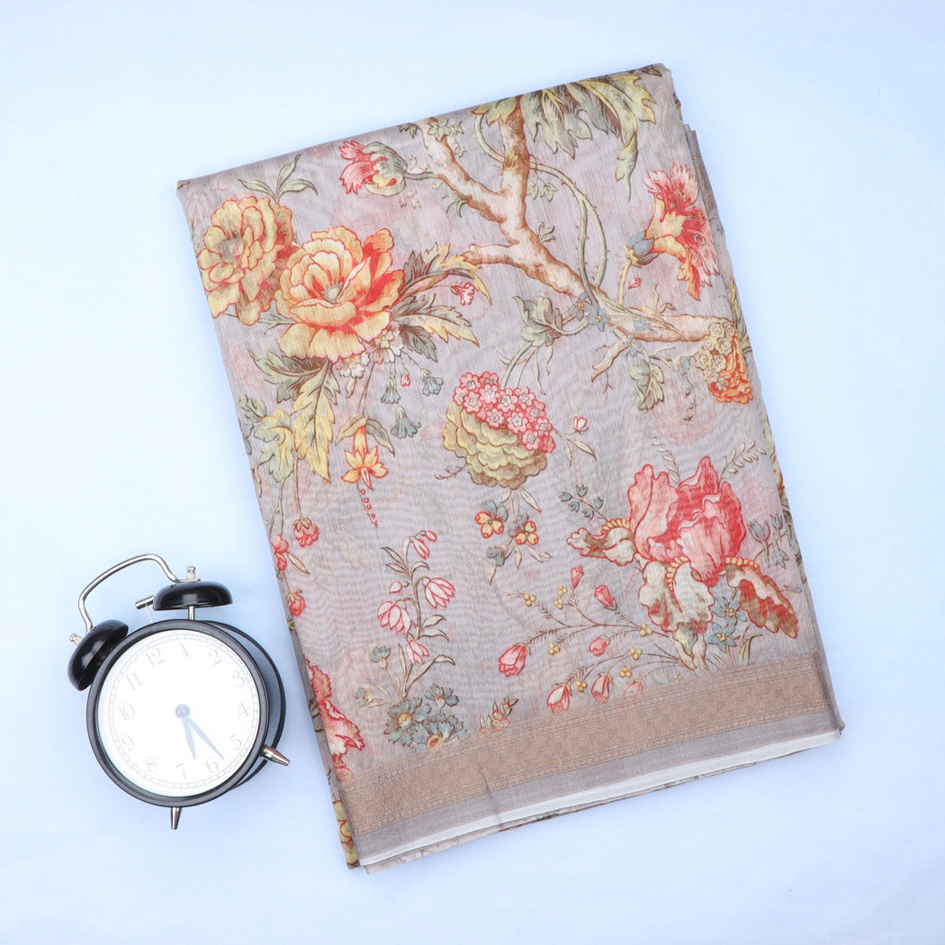 Pastel Grey Chanderi Silk Saree With Floral Printed Motifs