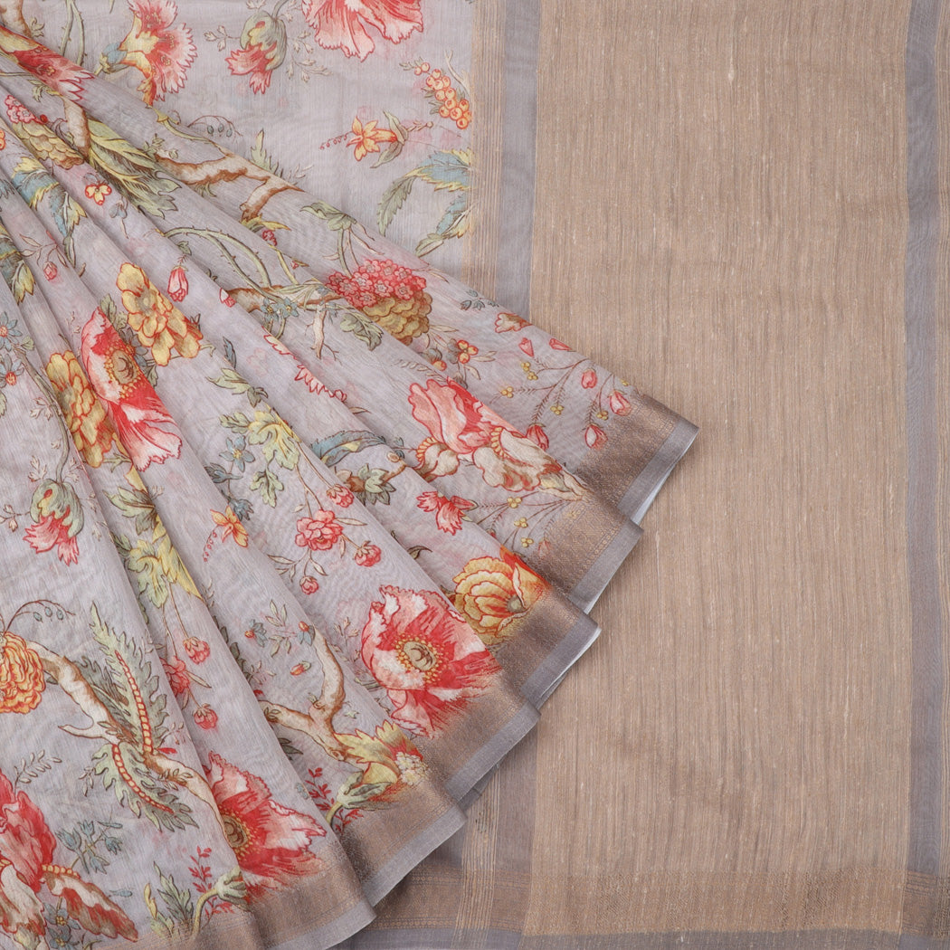 Pastel Grey Chanderi Silk Saree With Floral Printed Motifs