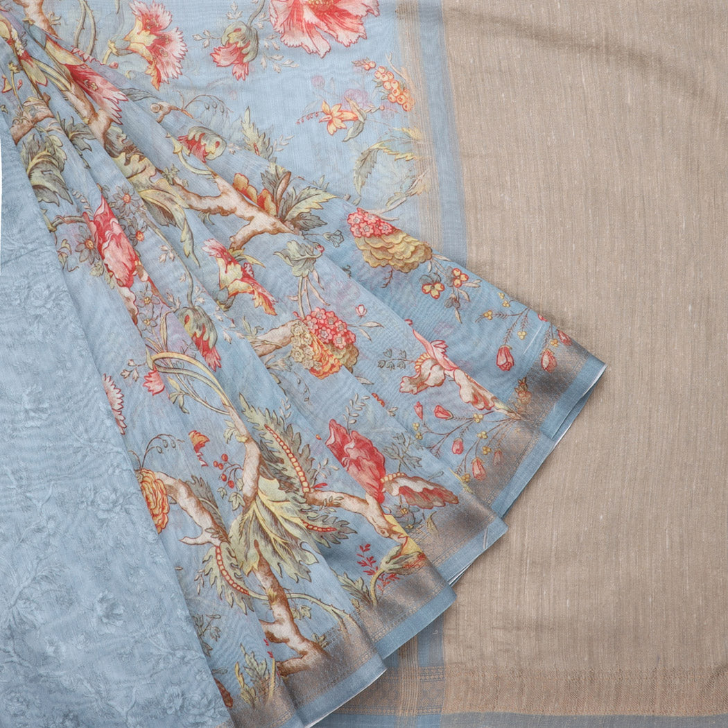 Powder Blue Chanderi Silk Saree With Floral Printed Motifs