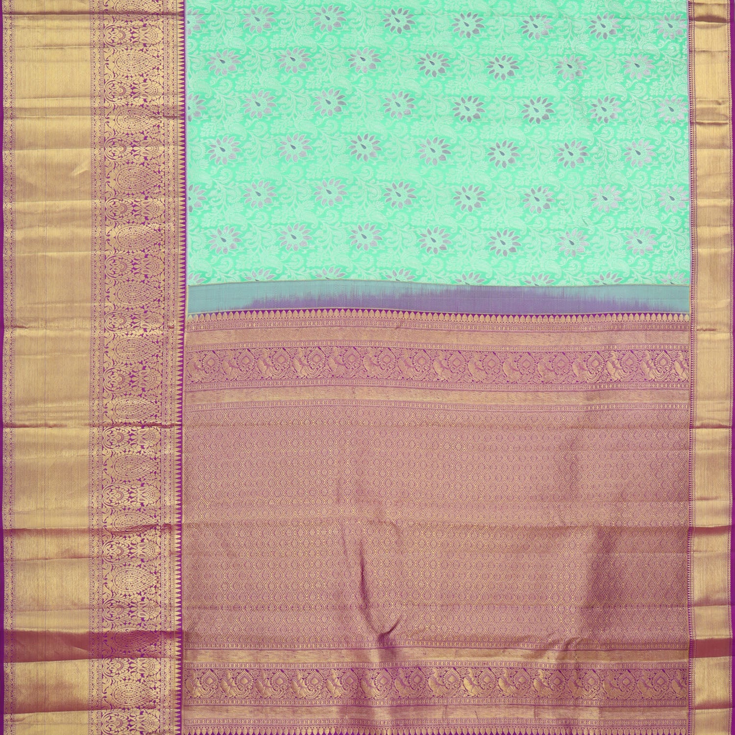 Spring Green Kanjivaram Silk Saree With Floral Pattern