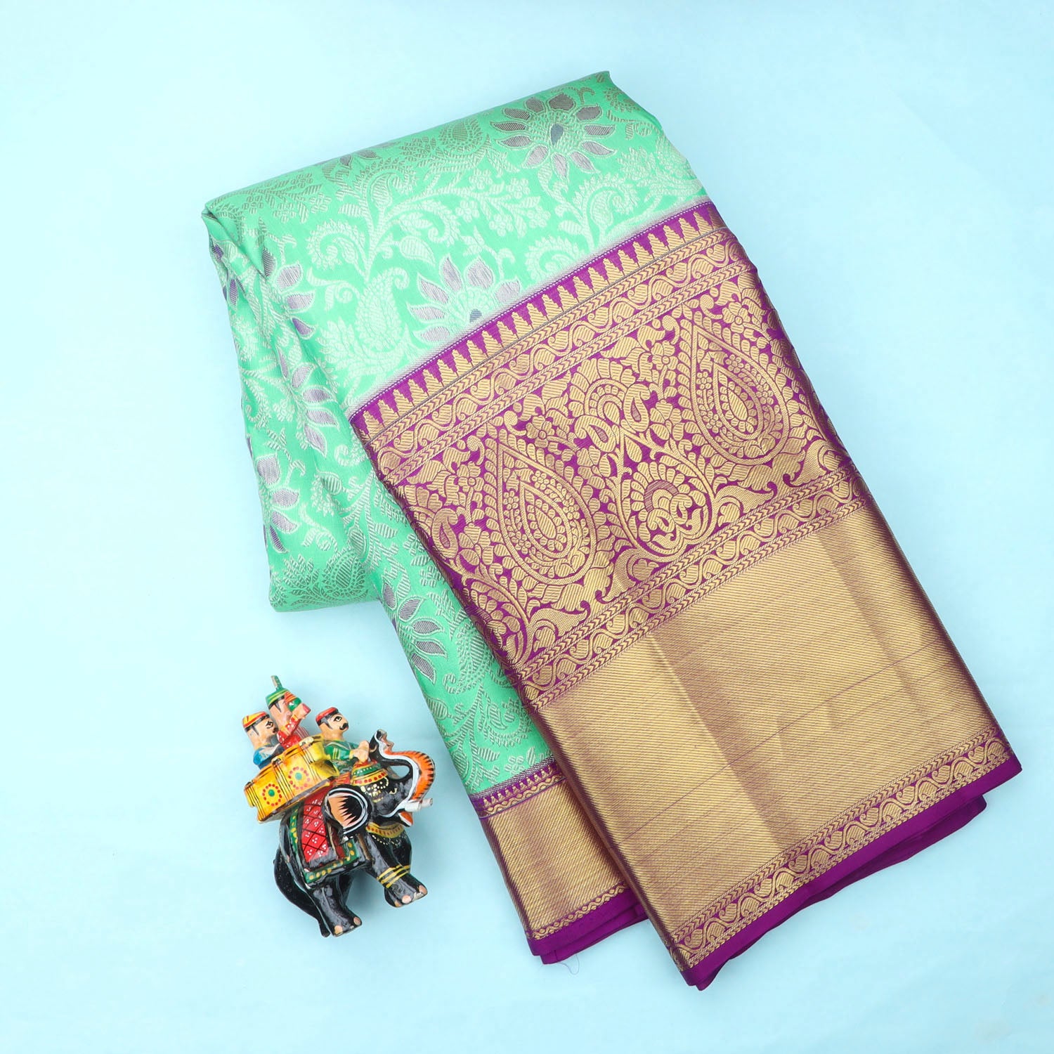 Spring Green Kanjivaram Silk Saree With Floral Pattern