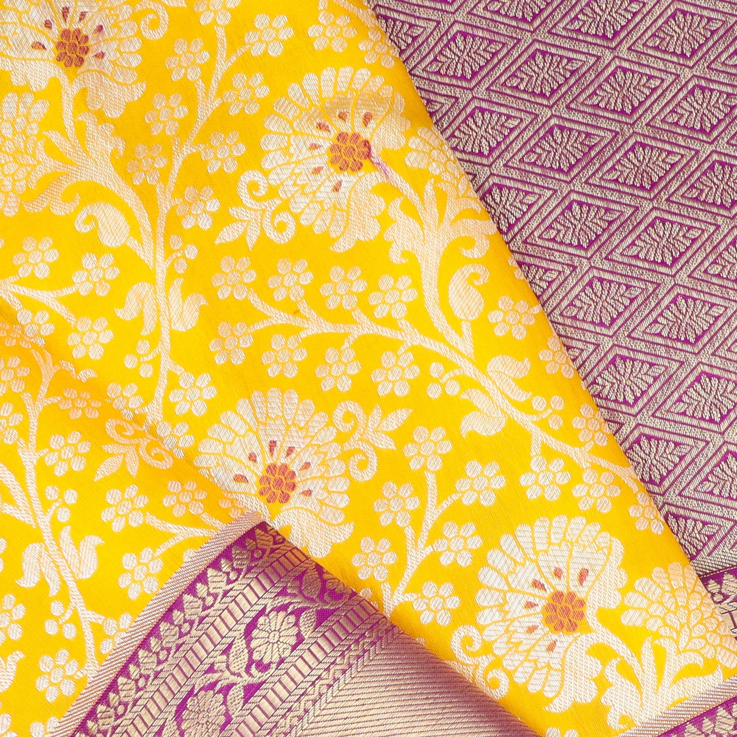 Turmeric Yellow Kanjivaram Silk Saree With Floral Pattern
