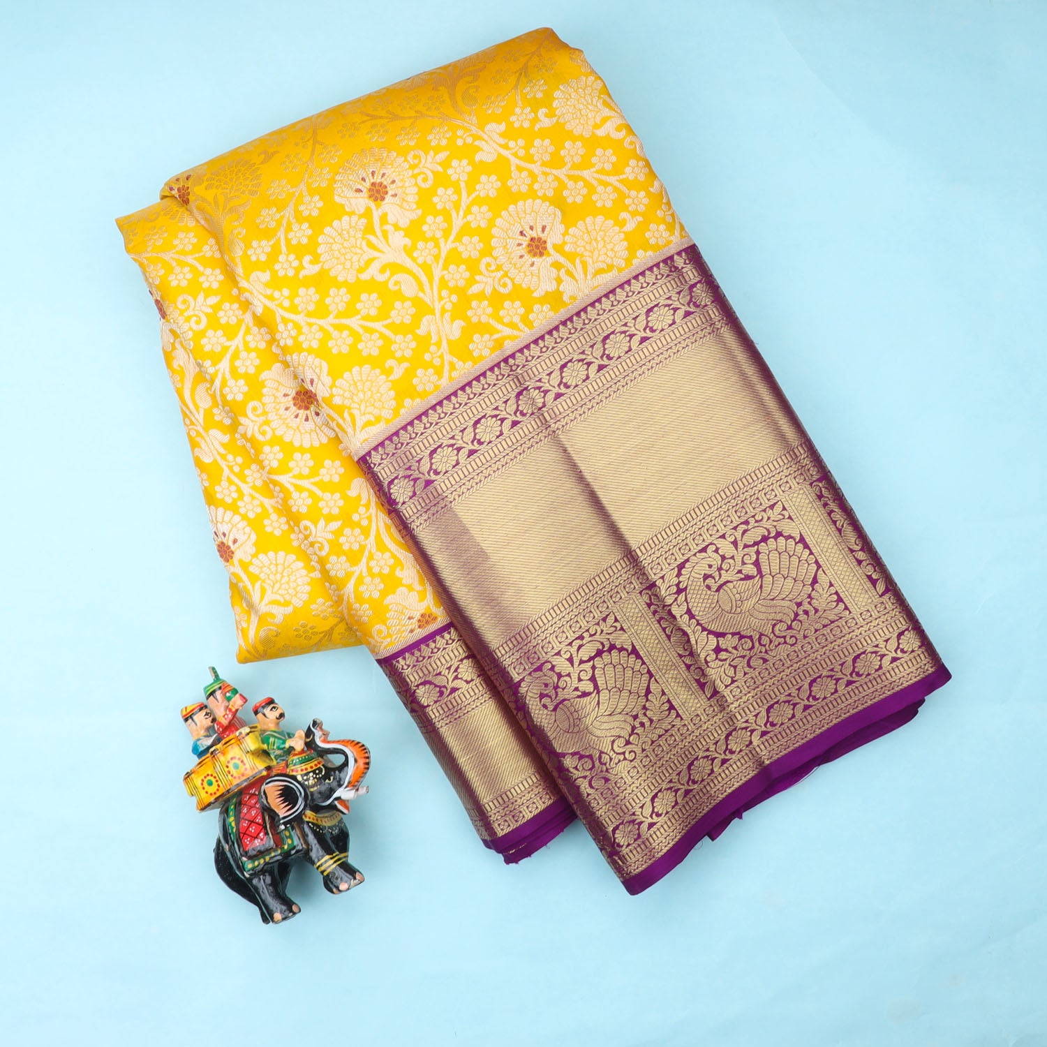 Turmeric Yellow Kanjivaram Silk Saree With Floral Pattern