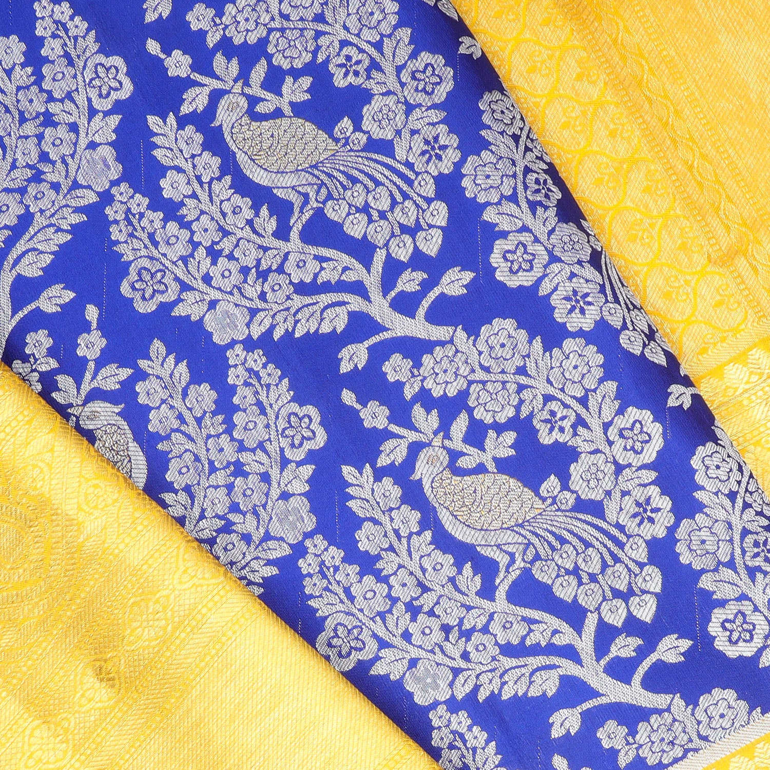 Cobalt Blue Kanjivaram Silk Saree With Floral And Bird Motif