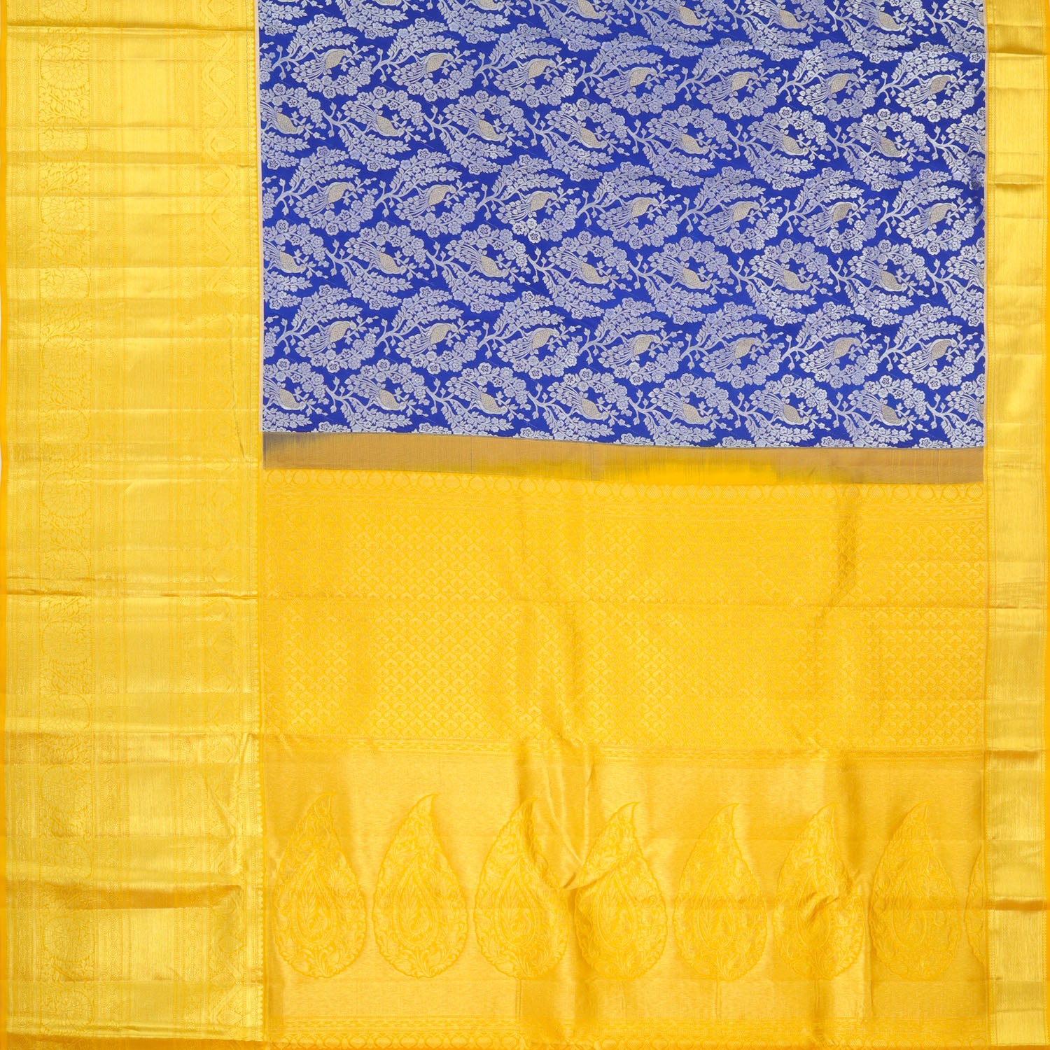 Cobalt Blue Kanjivaram Silk Saree With Floral And Bird Motif