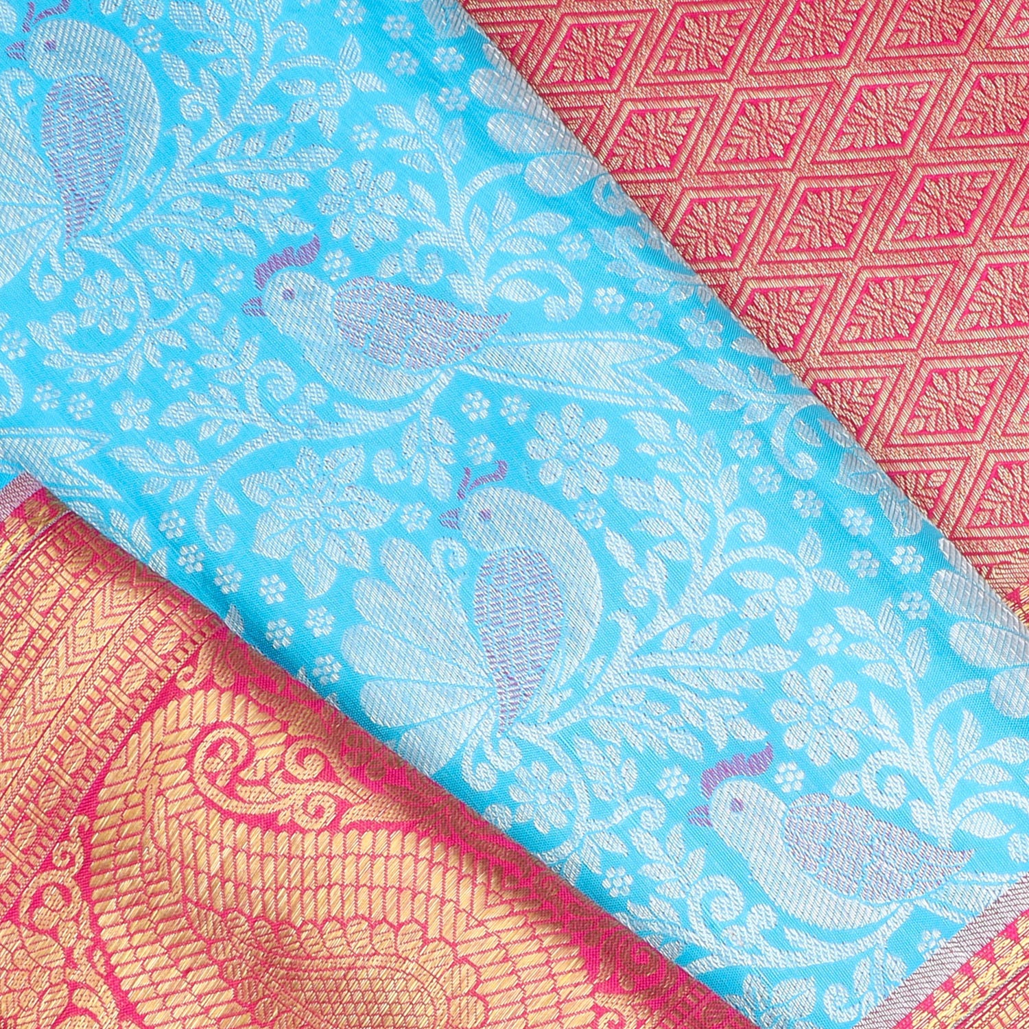 Bright Blue Kanjivaram Silk Saree With Bird Motif Pattern