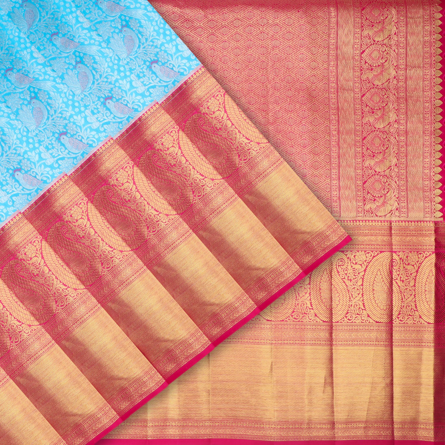 Bright Blue Kanjivaram Silk Saree With Bird Motif Pattern