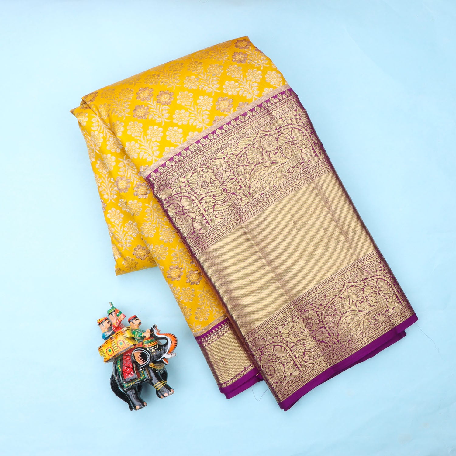 Turmeric Yellow Kanjivaram Silk Saree With Floral Motif Pattern