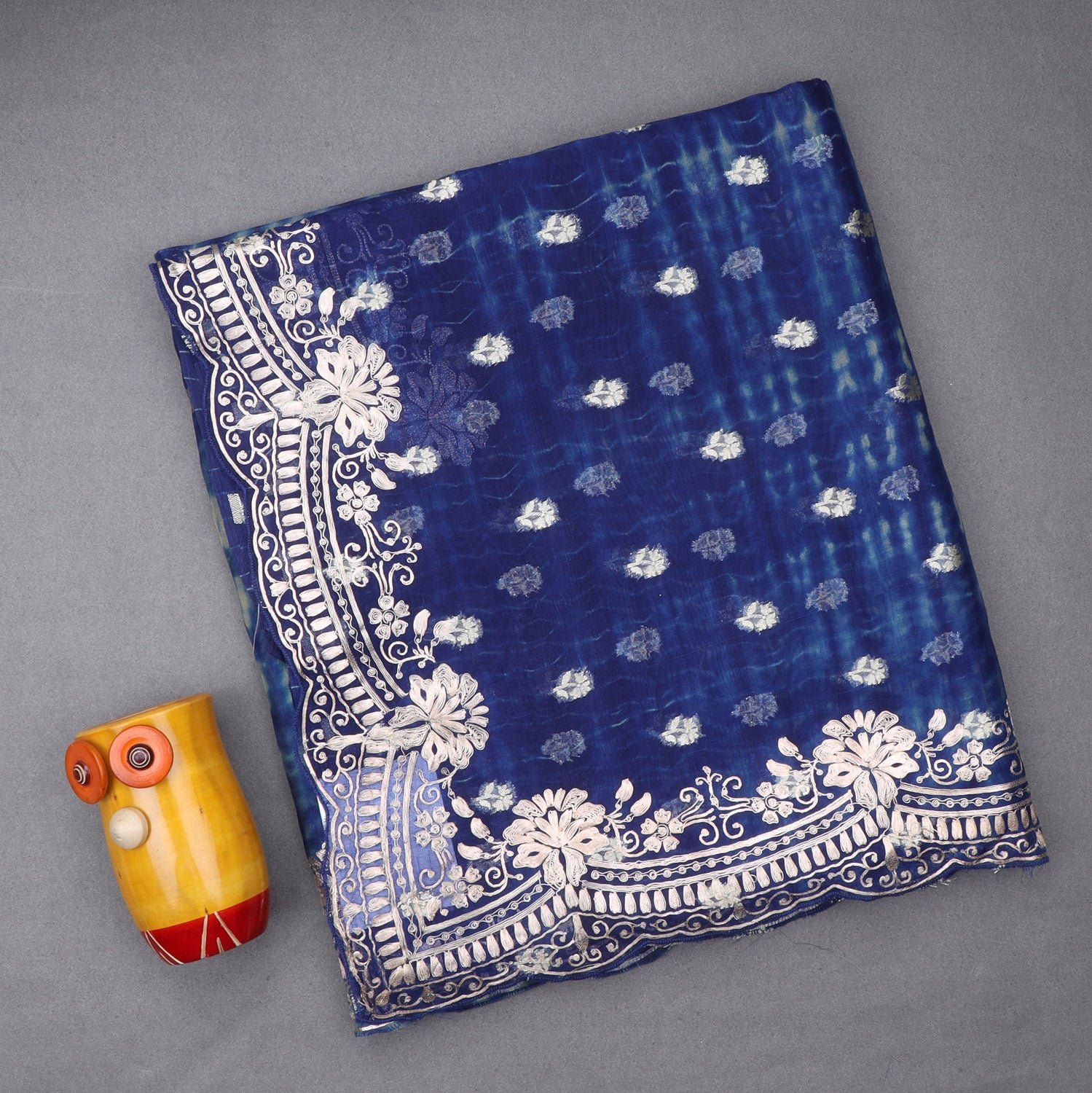 Blue Printed Organza Saree With With Floral Embroidery