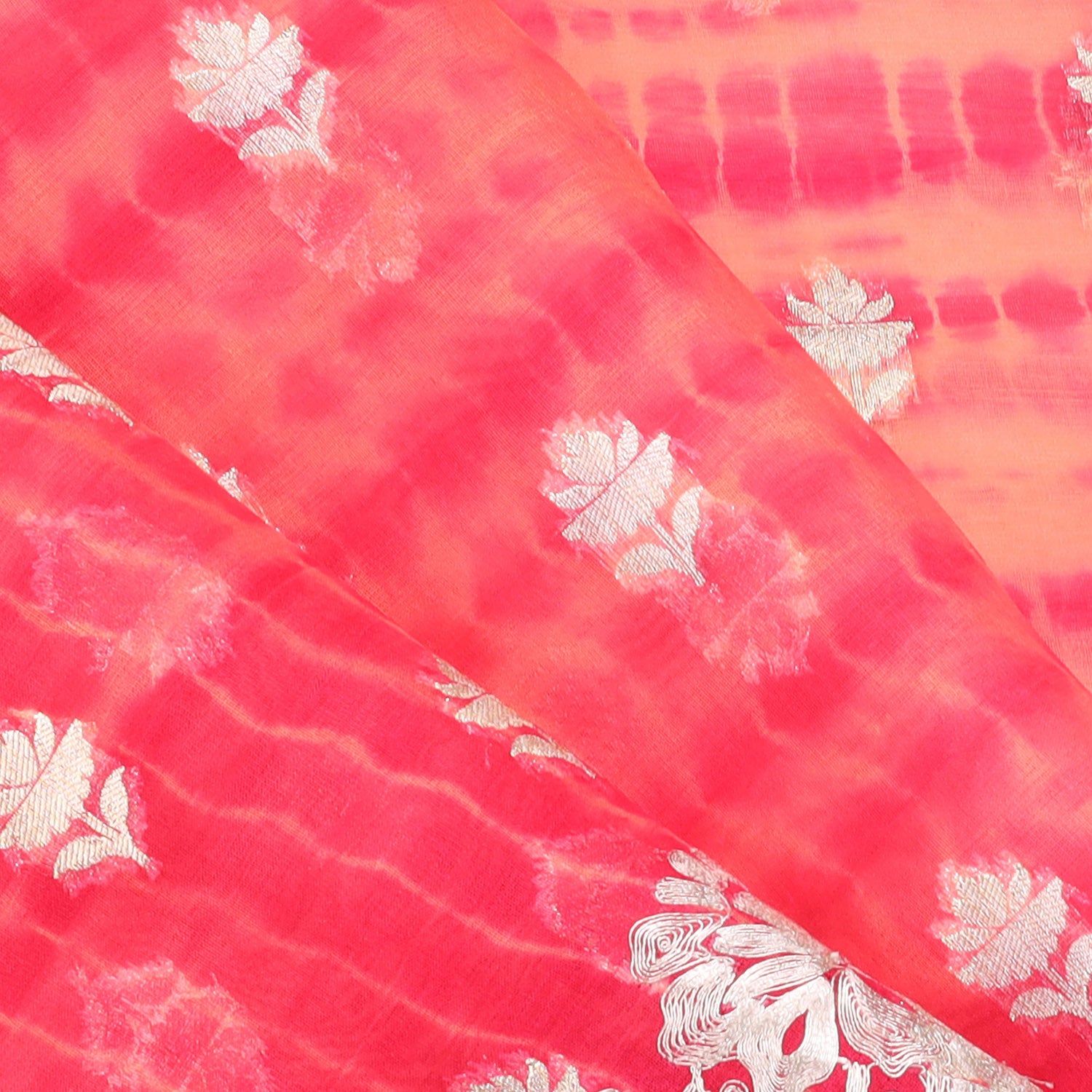 Pinkish Orange Printed Organza Saree With Floral Embroidery