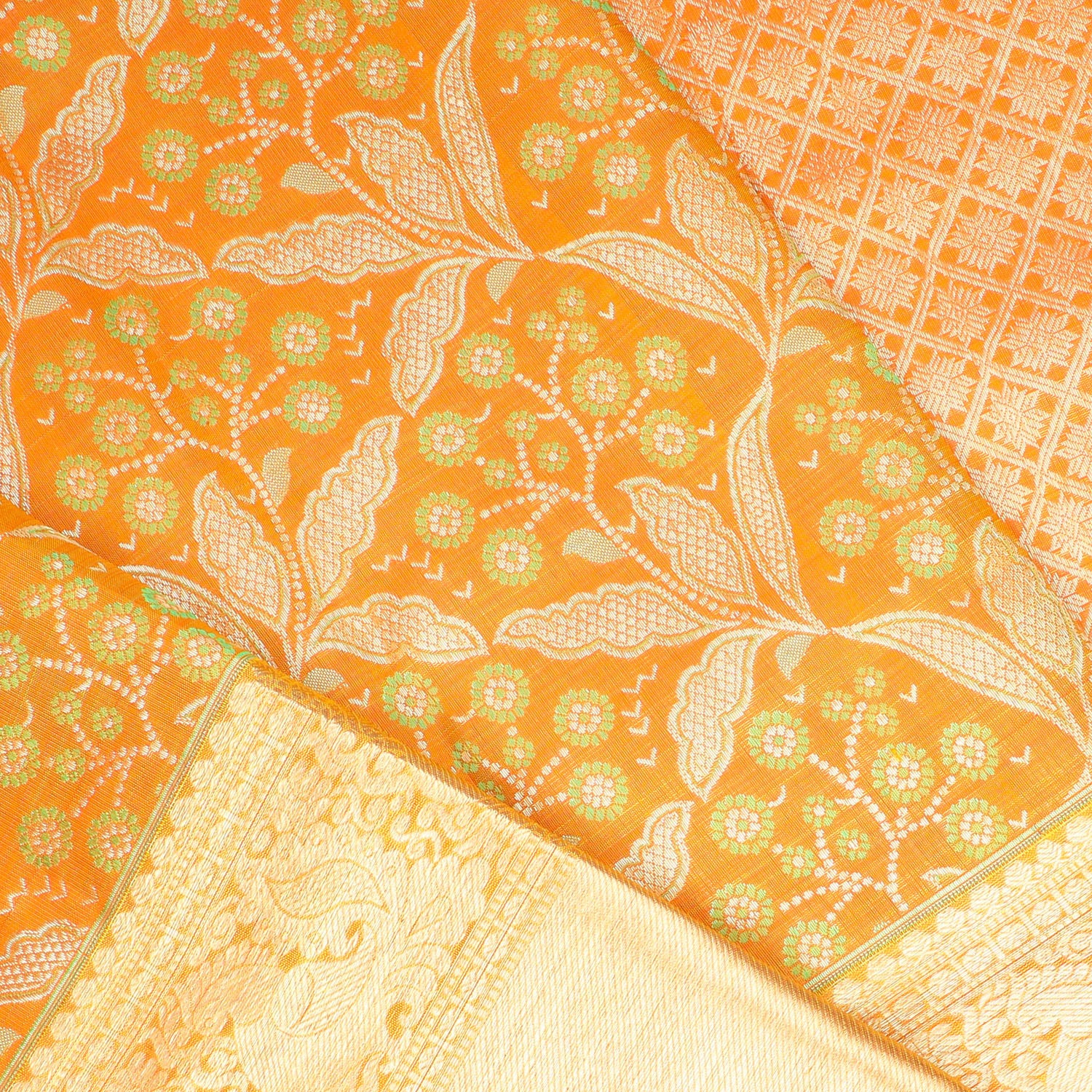 Vibrant Orange Kanjivaram Silk Saree With Floral Pattern