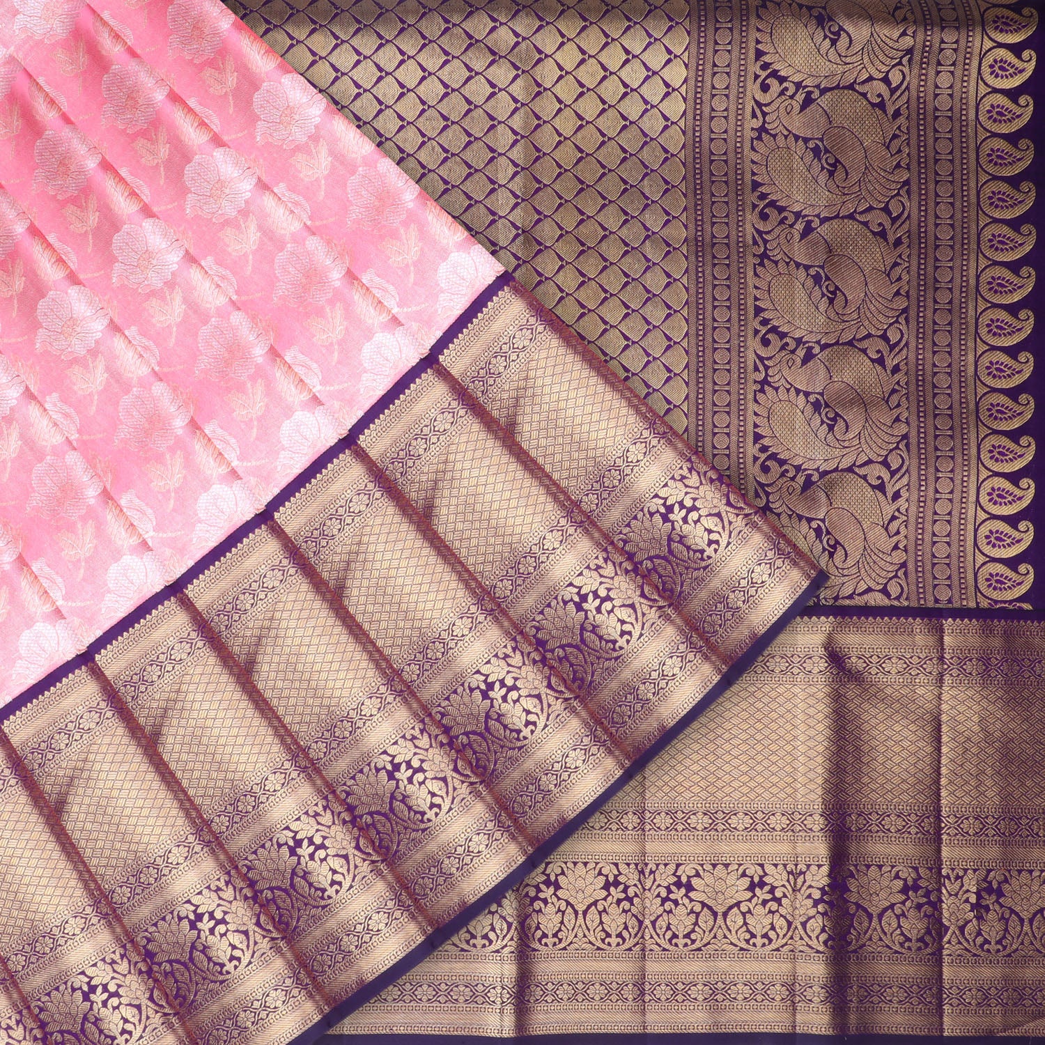 Flaming Pink Kanjivaram Silk Saree With Floral Pattern