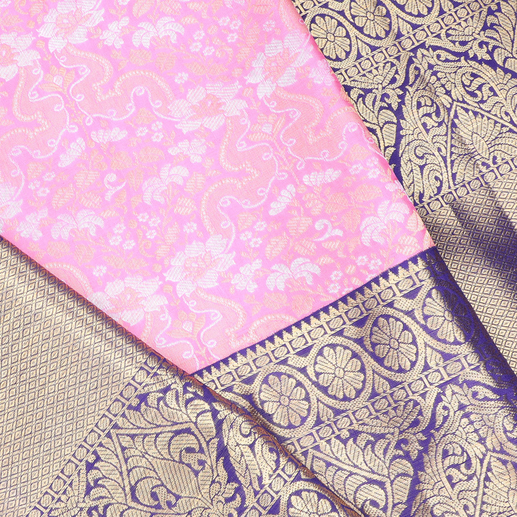 Pastel Pink Kanjivaram Silk Saree With Floral Motifs